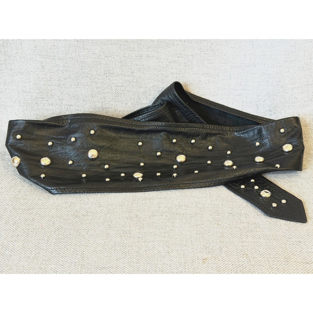 Vintage 80s Black Leather Studded Obi Wrap Waist Belt Extra Long Adjustable